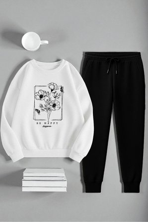 Unisex Kurdele Tasarım Baskılı Bisiklet Yaka Sweatshirt 2'li Eşofman Takımı