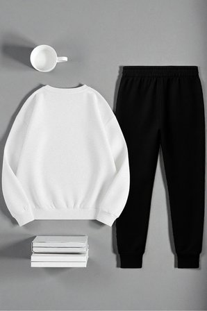 Unisex Kurdele Tasarım Baskılı Bisiklet Yaka Sweatshirt 2'li Eşofman Takımı