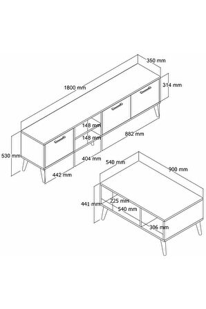 Set 1583-2072 Exxen 180 Cm Tv Ünitesi Exxen Orta Sehpa (AHŞAP AYAKLI) - Hat Rengi