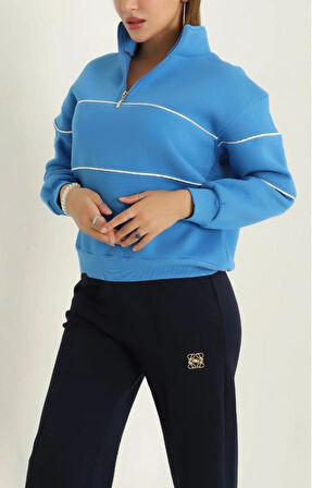 Çizgili Fermuarlı Şardonlu Üç İplik Sweatshirt