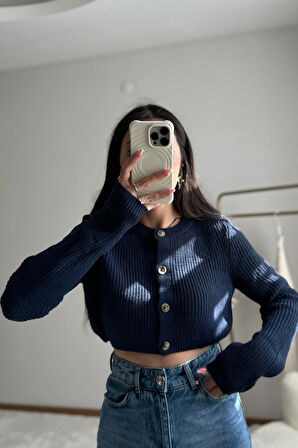 Yumuş Triko Örme Lacivert Crop Hırka