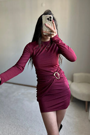 Toka Detaylı Bordo Mini Elbise