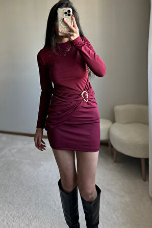 Toka Detaylı Bordo Mini Elbise