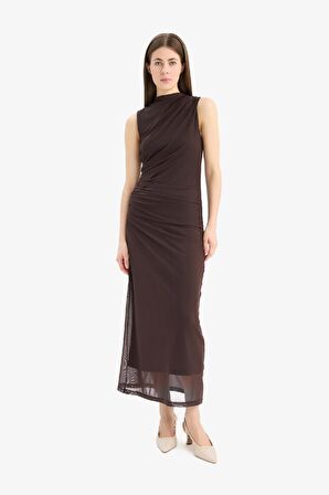 Bodycon Vücudu Saran Yarım Balıkçı Yaka Basic Düz Tül Kolsuz Maxi Elbise