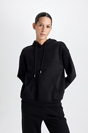 DeFacto Relax Fit Kapüşonlu Kanguru Cepli Kalın Basic Düz Siyah Sweatshirt W1240AZ24WNBK81