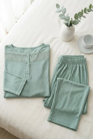 Kadın Dantelli Bambu Viskon Uzun Kollu Mevsimlik Soft Örme Yumuşak Pijama Takımı