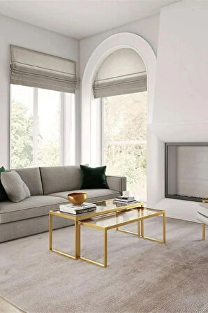 Modern Gold Renk 2’li Metal İskeletli Temper Camlı Zigon Orta Sehpa