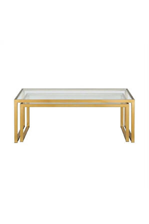 Modern Gold Renk 2’li Metal İskeletli Temper Camlı Zigon Orta Sehpa