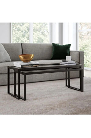 Modern Siyah Renk 2’li Metal İskeletli Temper Camlı Zigon Orta Sehpa