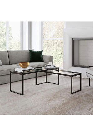 Modern Siyah Renk 2’li Metal İskeletli Temper Camlı Zigon Orta Sehpa