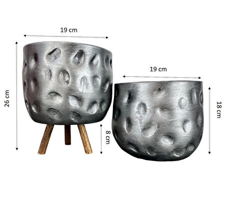 Ev Dekorasyon Aksesuar Gümüş Desenli Toprak Saksı Saksılık Salon Çiçeklik İkili Set Ayaksız - 3 Ayaklı- 19 CM