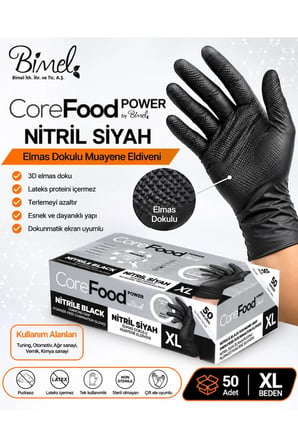 Corefood Nitril Siyah Eldiven Ekstra Kalın XL Beden Power 3D Elmas Dokulu 1000 Adet koli