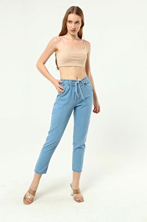 Beli İpli Kemer Lastikli Mom Jeans Kot Pantolon