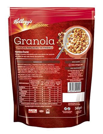 Kellogg's Granola Çikolata Parçacıklı ve Fındıklı 340 Gr x 5 Adet, %44 Yulaf, Lif Kaynağı, Kahvaltılık Gevrek