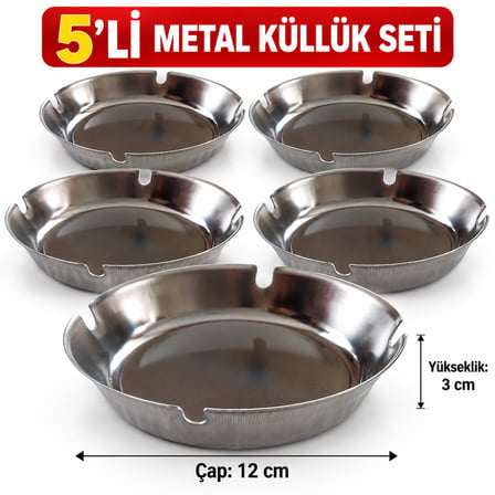 5’li Metal Küllük Seti – 12 cm Yuvarlak Dekoratif Masa Küllüğü, 3 cm Yükseklik