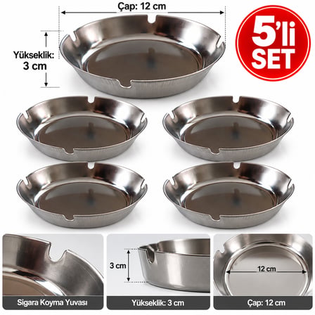 5’li Metal Küllük Seti – 12 cm Yuvarlak Dekoratif Masa Küllüğü, 3 cm Yükseklik