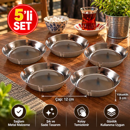 5’li Metal Küllük Seti – 12 cm Yuvarlak Dekoratif Masa Küllüğü, 3 cm Yükseklik