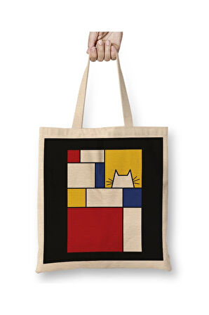 Piet Mondrian Inspired Cat Kedi Beyaz Bez Çanta Uzun Saplı Alışveriş Çantası Plaj Çantası