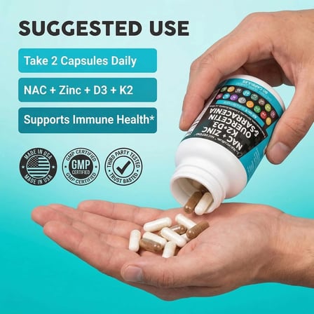 Nac + Zinc + K2+D3 + Quercetin + Sarracenia + Zinc + Elderberry 60 Capsules usa menşei