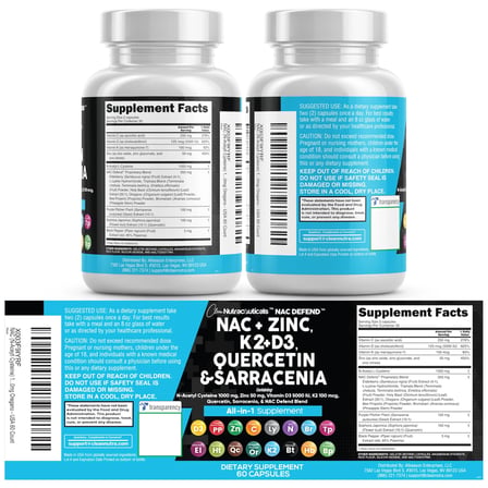 Nac + Zinc + K2+D3 + Quercetin + Sarracenia + Zinc + Elderberry 60 Capsules usa menşei