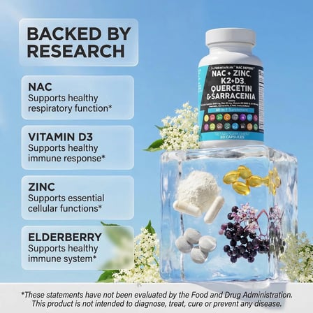Nac + Zinc + K2+D3 + Quercetin + Sarracenia + Zinc + Elderberry 60 Capsules usa menşei
