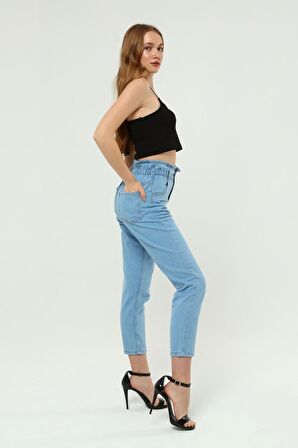 Dar Paça Kemer Büzgülü Mom Jeans 