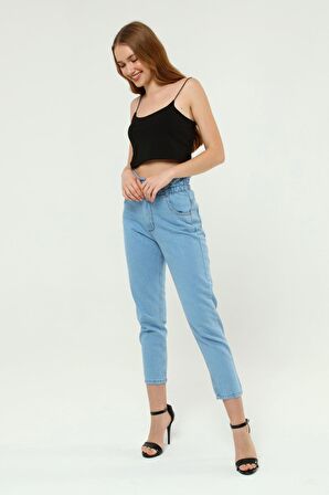 Dar Paça Kemer Büzgülü Mom Jeans 