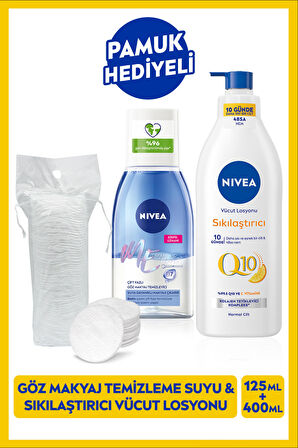 Nivea Çift Fazlı Göz Makyaj Temizleme Suyu 125ml ve Q10 Sıkılaştırıcı Vücut Losyonu 400ml, Pamuk Hediye