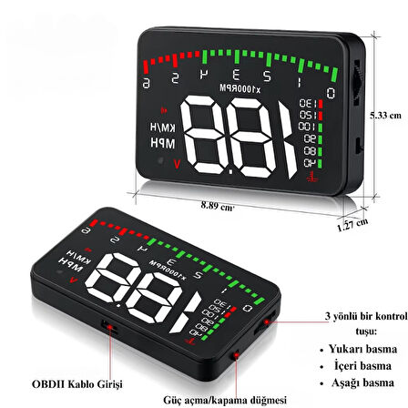 MultiZone Hyundai Era-Getz Uyumlu 3.5'' OBD HUD Dijital Hararet-Hız-Devir-Voltaj Gösterge Paneli