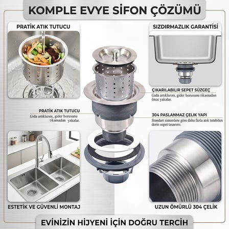 Derin Sepetli Büyük Mutfak Evye Lavabo Sifonu Paslanmaz Geniş Süzgeç Gider Borusu