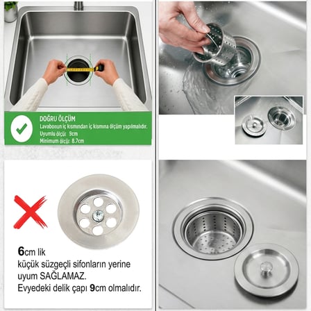 Derin Sepetli Büyük Mutfak Evye Lavabo Sifonu Paslanmaz Geniş Süzgeç Gider Borusu