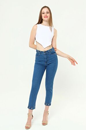 Kadın Paça Kemer Apoletli Mom Jeans