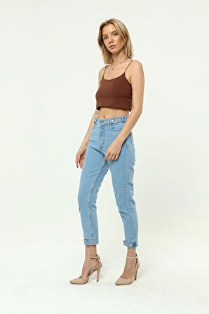 Kadın Paça Kemer Apoletli Mom Jeans