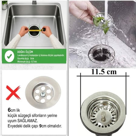 Derin Büyük Mutfak Evye Lavabo Çöpmak Sifonu Paslanmaz Geniş Süzgeç Gider Borusu