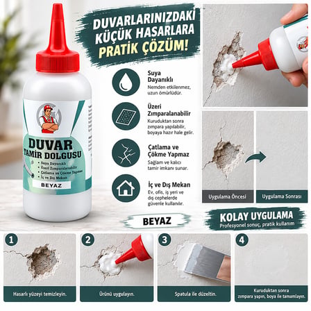 Beyaz Duvar Tamir Macunu Çatlak Delik Onarım Kapatma Dolgusu Suya Dayanıklı 220 Gr