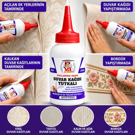 Şeffaf Duvar Kağıdı Yapıştırıcısı Sıvı Tamir Tutkalı Kenarı Açılan Kalkan Ek Yerlerini Yapıştırma Bordür Vinil Onarım zamkı 150gr