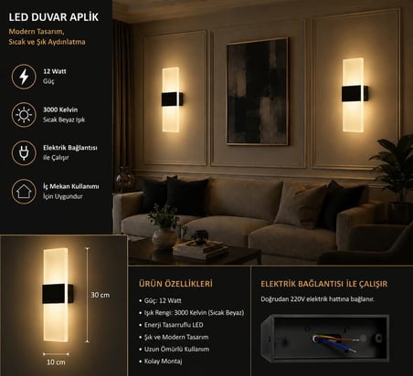 12 Watt 3000 Kelvin Modern Tasarım Salon, Yatakbaşı Aplik, Led Duvar Aplik (Elektrikle Çalışır)
