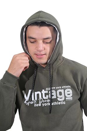 Erkek Vıntage Haki Kapüşonlu Sweatshirt-219