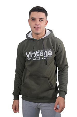 Erkek Vıntage Haki Kapüşonlu Sweatshirt-219