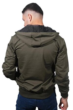 Erkek Basic Fermuarlı Kapüşonlu Haki Sweatshirt-4