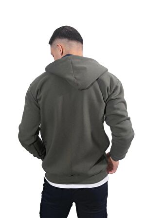 Erkek Armalı Fermuarlı Kapüşonlu Haki Sweatshirt-315