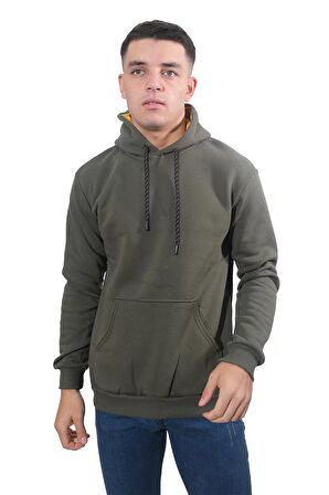 Erkek Basic Haki Kapüşonlu Sweatshirt-241