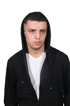 Erkek Basic Fermuarlı Kapüşonlu Siyah Sweatshirt-2