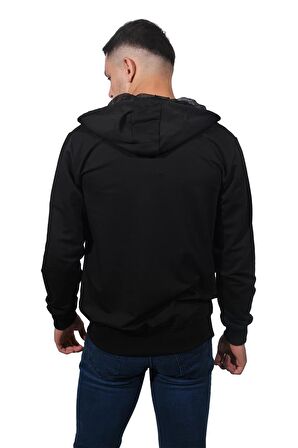 Erkek Basic Fermuarlı Kapüşonlu Siyah Sweatshirt-2