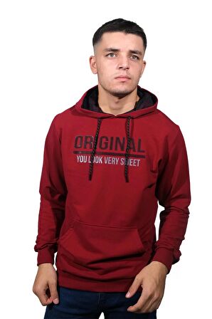 Erkek Orıgınal Bordo Kapüşonlu Sweatshirt-208