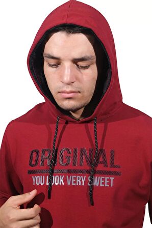 Erkek Orıgınal Bordo Kapüşonlu Sweatshirt-208