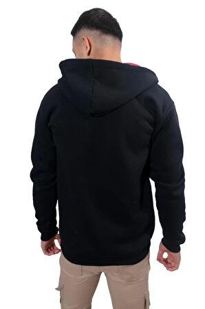 Erkek Armalı Fermuarlı Kapüşonlu Siyah Sweatshirt