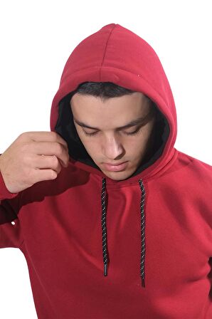 Erkek Basic Bordo Kapüşonlu Sweatshirt-245