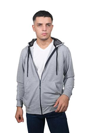 Erkek Basic Fermuarlı Kapüşonlu Gri Sweatshirt-3