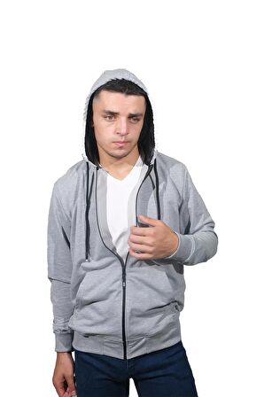 Erkek Basic Fermuarlı Kapüşonlu Gri Sweatshirt-3